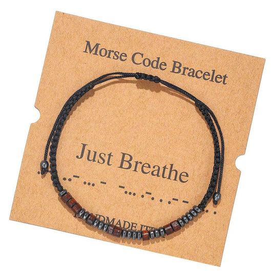 Multi-style Hand-woven Wood Bead Morse Code Bracelet: Just Breathe