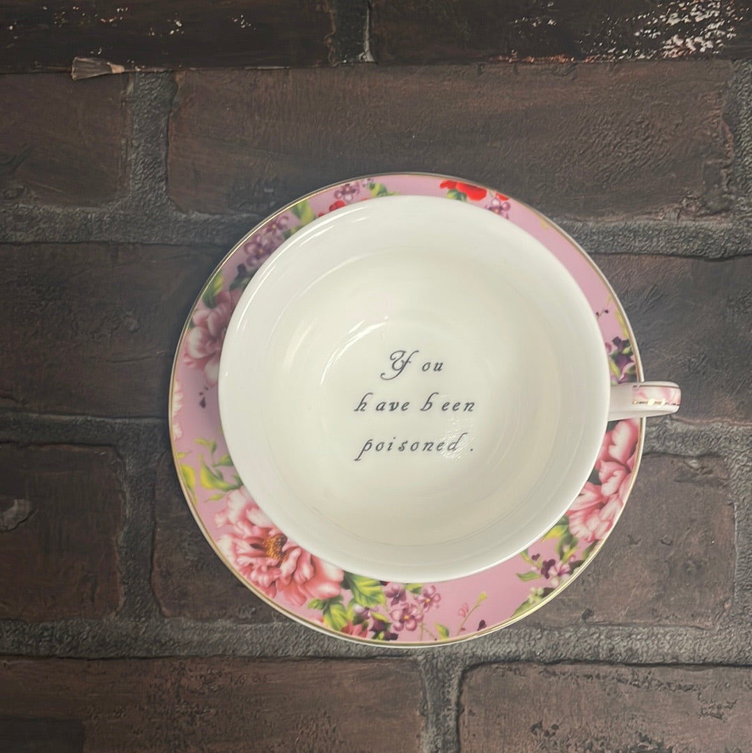 You've been Poisoned, Lilac Floral Tea Cup & Bye Saucer - Three Black Cats