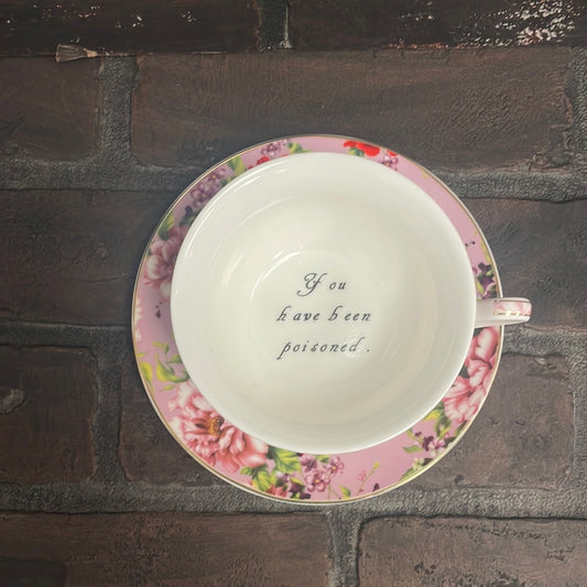You've been Poisoned, Lilac Floral Tea Cup & Bye Saucer - Three Black Cats