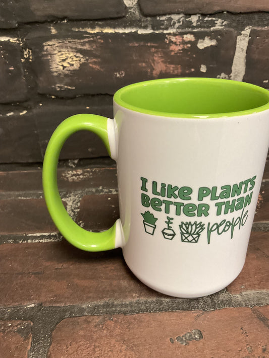 I like plants better than people , Double sided Green inner & Handle 15oz dishwasher safe Coffee Mug Three Black Cats