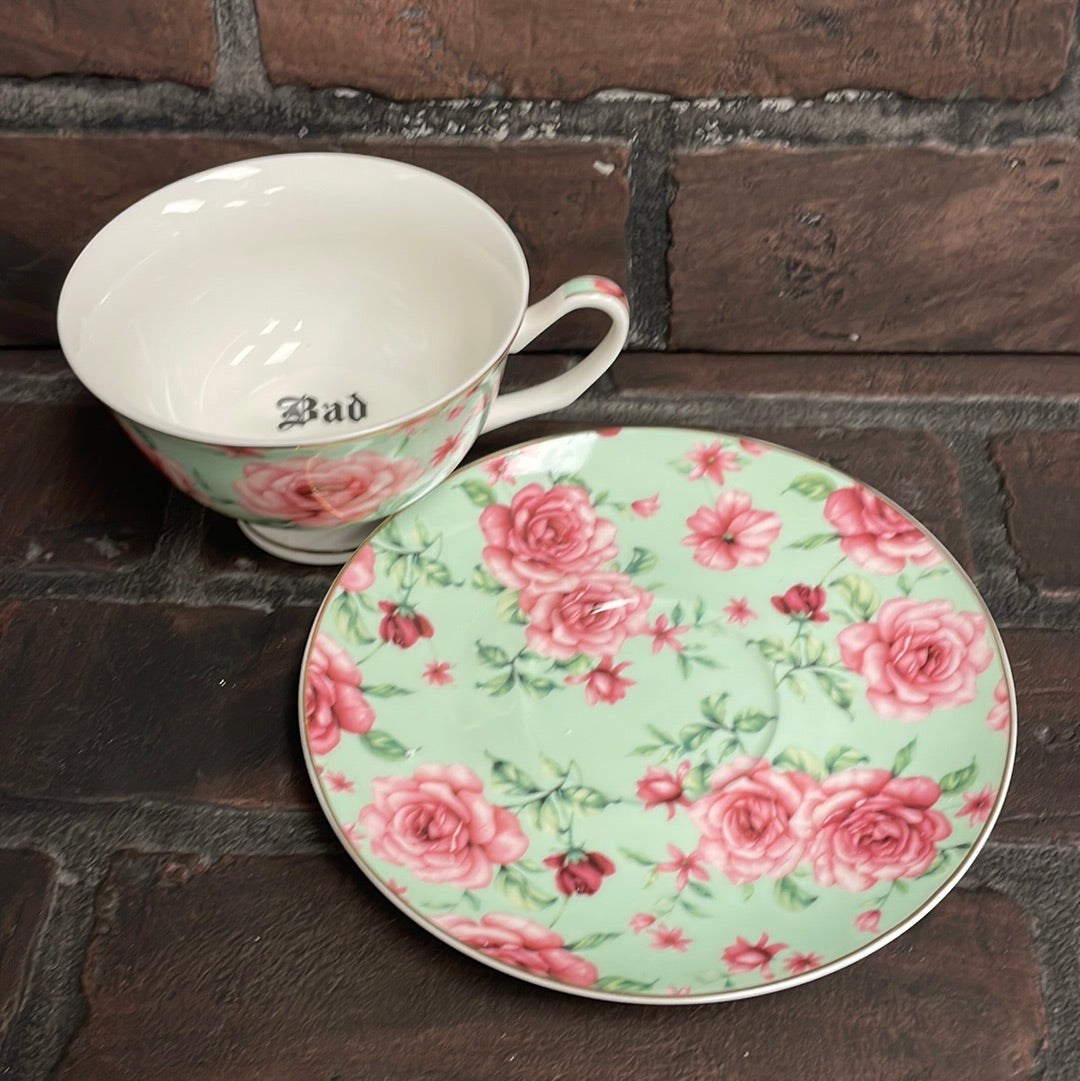 Bad Bitch, Tea cup and saucer, Light Sea Foam Floral