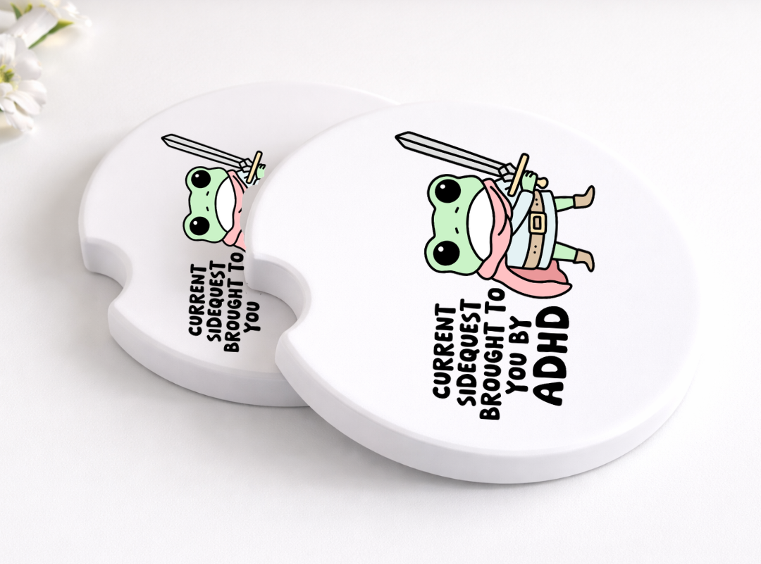 Side Quest Frog, Ceramic Car Coasters Pack of 2