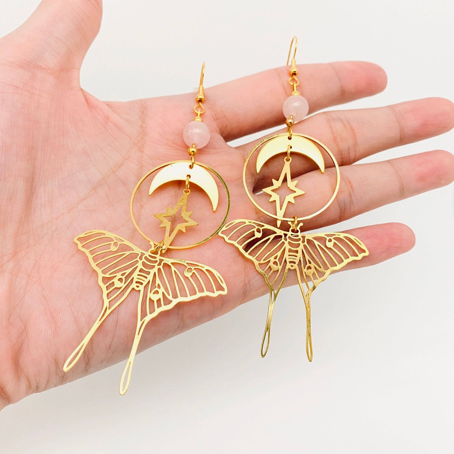 Stars and Moon Moths Bohemian Earrings - MS: Golden