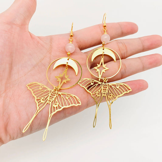 Stars and Moon Moths Bohemian Earrings - MS: Golden