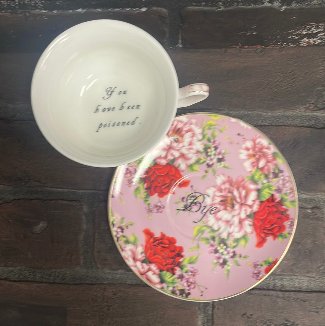 You've been Poisoned, Lilac Floral Tea Cup & Bye Saucer - Three Black Cats