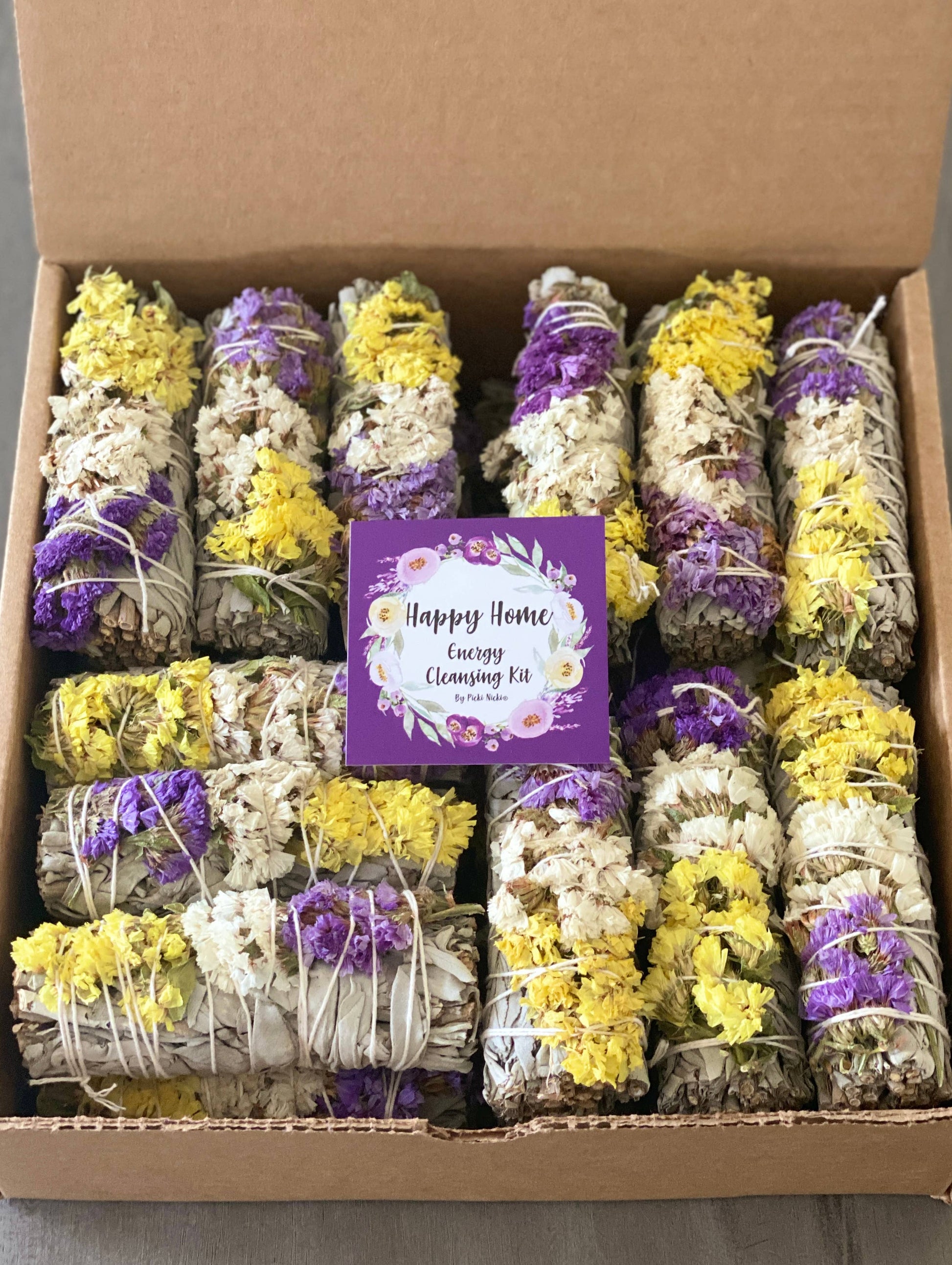 White Sage w/ Multi Sinuata Flowers Smudge Sticks in Bulk Picki Nicki