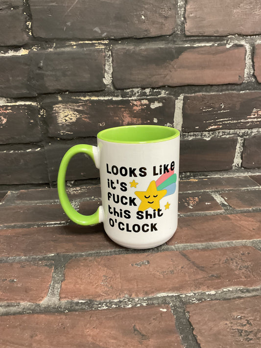 Looks like it’s fuck this shit oclock, Double sided Green inner & Handle 15oz dishwasher safe Coffee Mug Three Black Cats