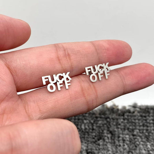 'FUCK OFF' Stainless Steel Ear Studs: Steel color
