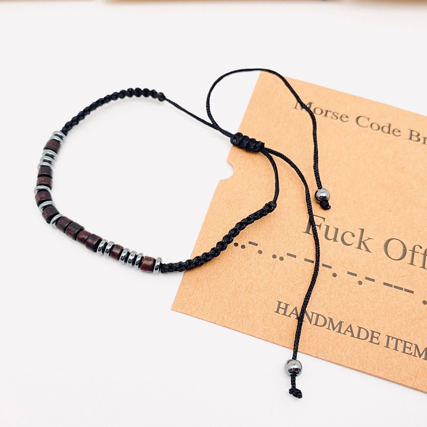 Multi-style Hand-woven Wood Bead Morse Code Bracelet: Be Brave