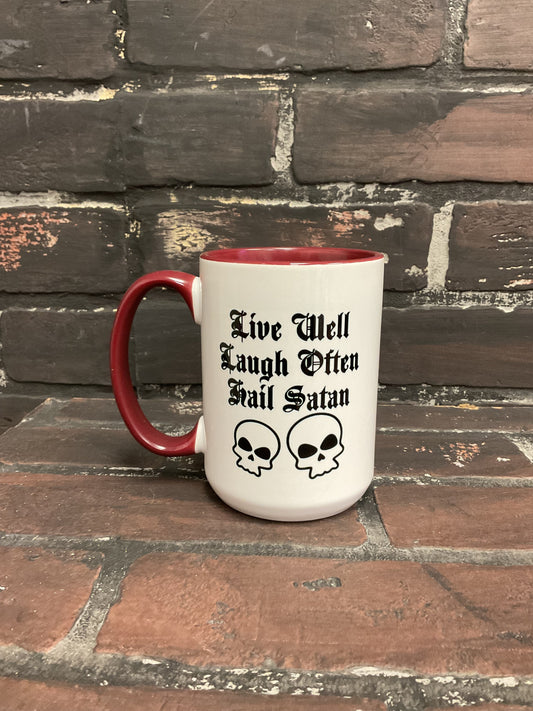 Live well laugh often hail satan, Double sided 15oz dishwasher safe Coffee Mug Three Black Cats