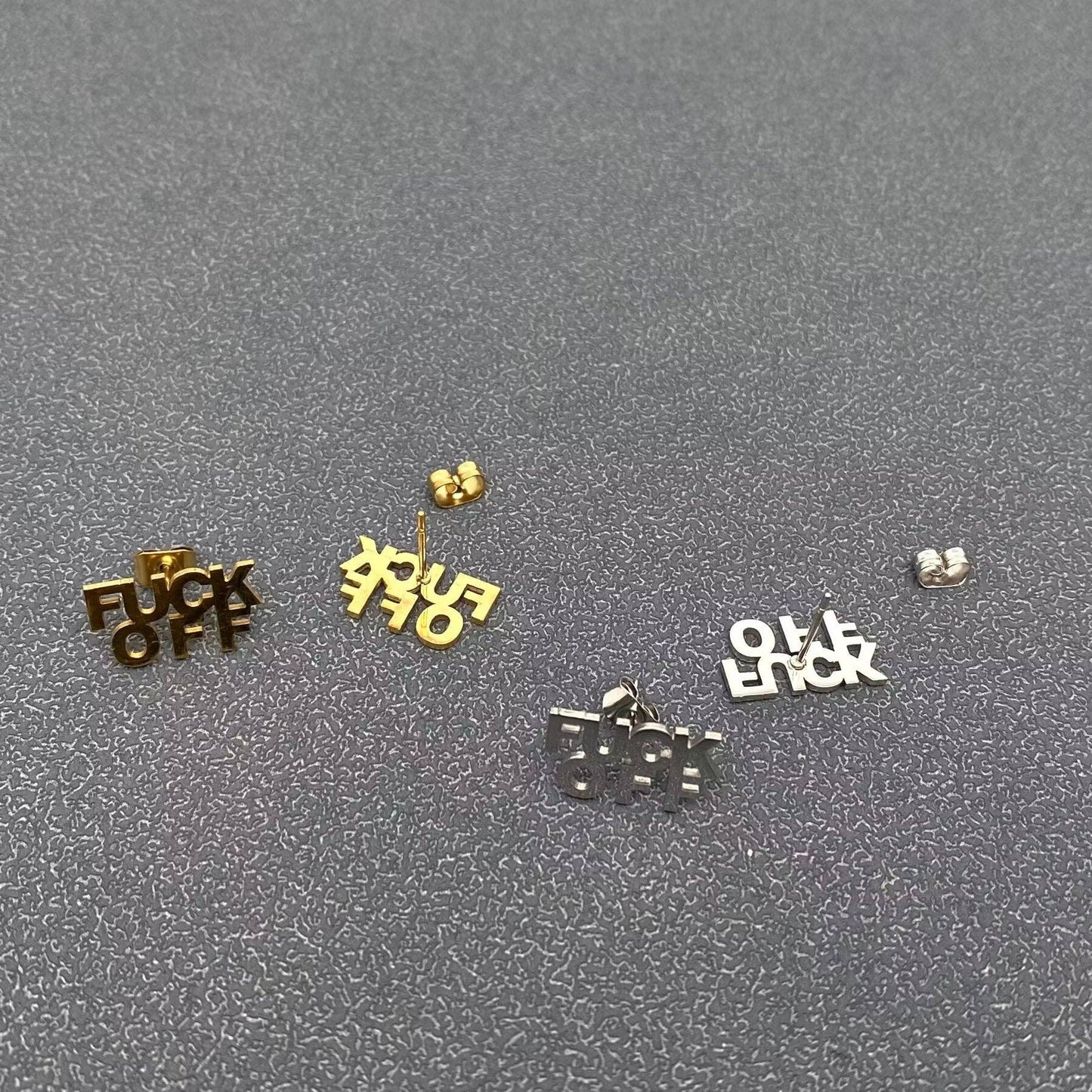 'FUCK OFF' Stainless Steel Ear Studs: Steel color
