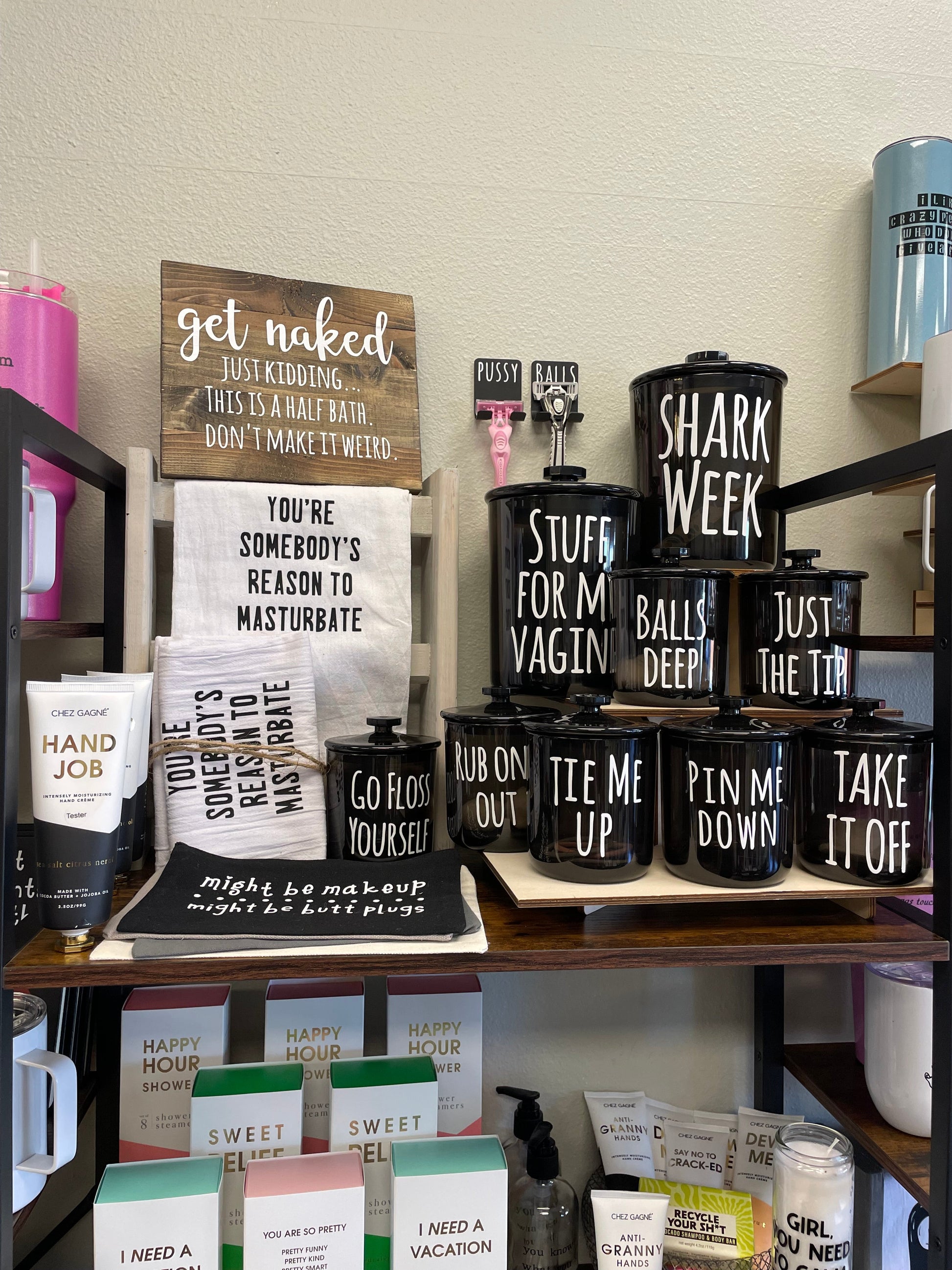 Stuff For My Vagina or Shark Week, 30oz Black Shatter Proof Acrylic Jar for Bathroom Three Black Cats