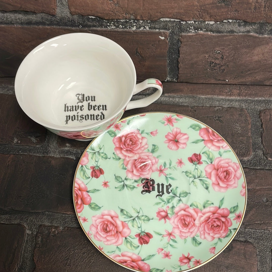 You've been Poisoned Tea Cup & Bye Saucer, Sea Foam Green and pink Rose Floral Pattern - Three Black Cats
