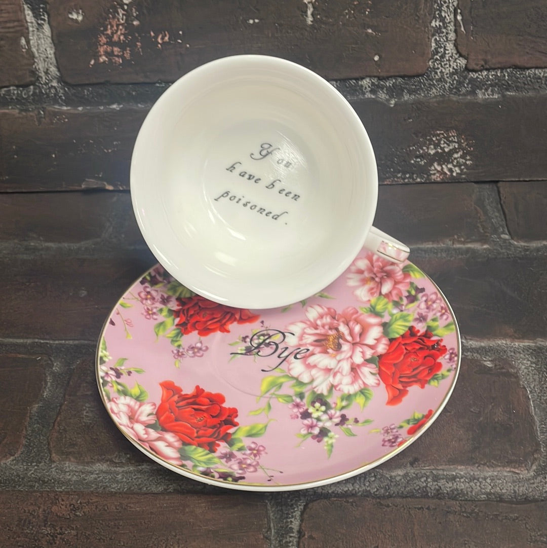 You've been Poisoned, Lilac Floral Tea Cup & Bye Saucer - Three Black Cats