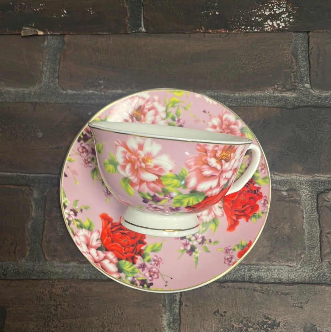 You've been Poisoned, Lilac Floral Tea Cup & Bye Saucer - Three Black Cats