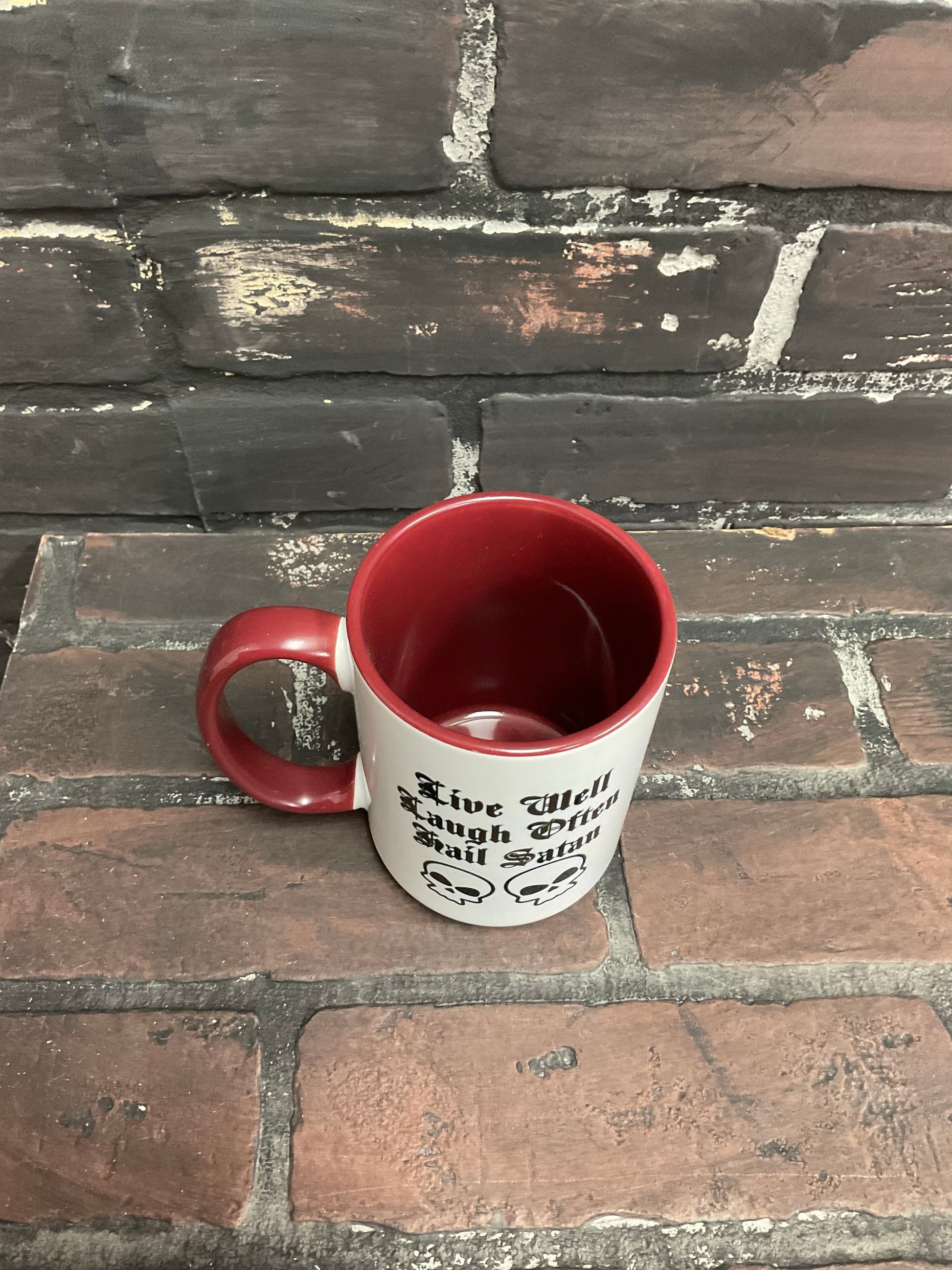 Live well laugh often hail satan, Double sided 15oz dishwasher safe Coffee Mug Three Black Cats