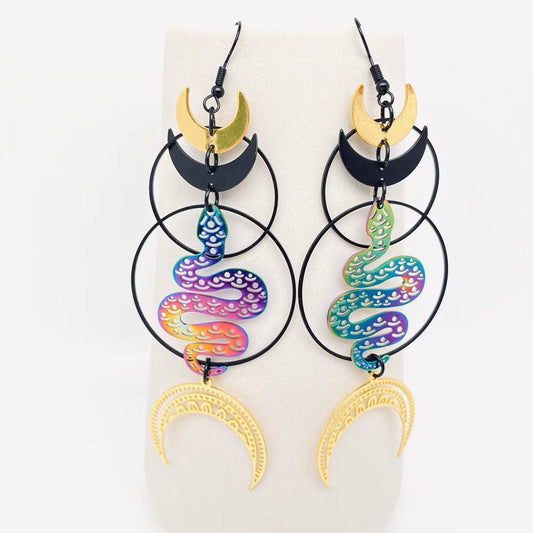 Snake  Crescent Pendant Black Ring Dangle Earrings - MS/GT Mio Queena