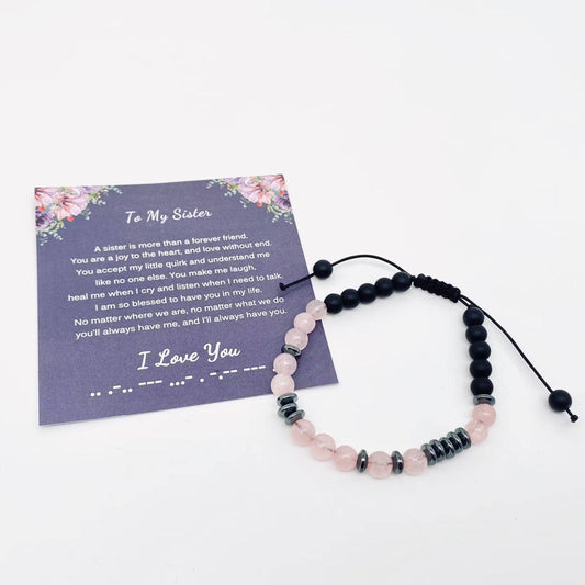 “I Love You” Morse Code Pink Crystal Beaded Bracelets - CS: To My Sister