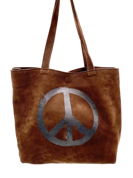 Handmade Peace Sign Izzi Tote Handbag in Brown Nubuck