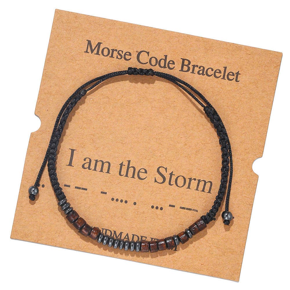 Multi-style Hand-woven Wood Bead Morse Code Bracelet: I am the Storm