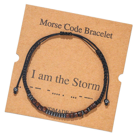 Multi-style Hand-woven Wood Bead Morse Code Bracelet: I am the Storm