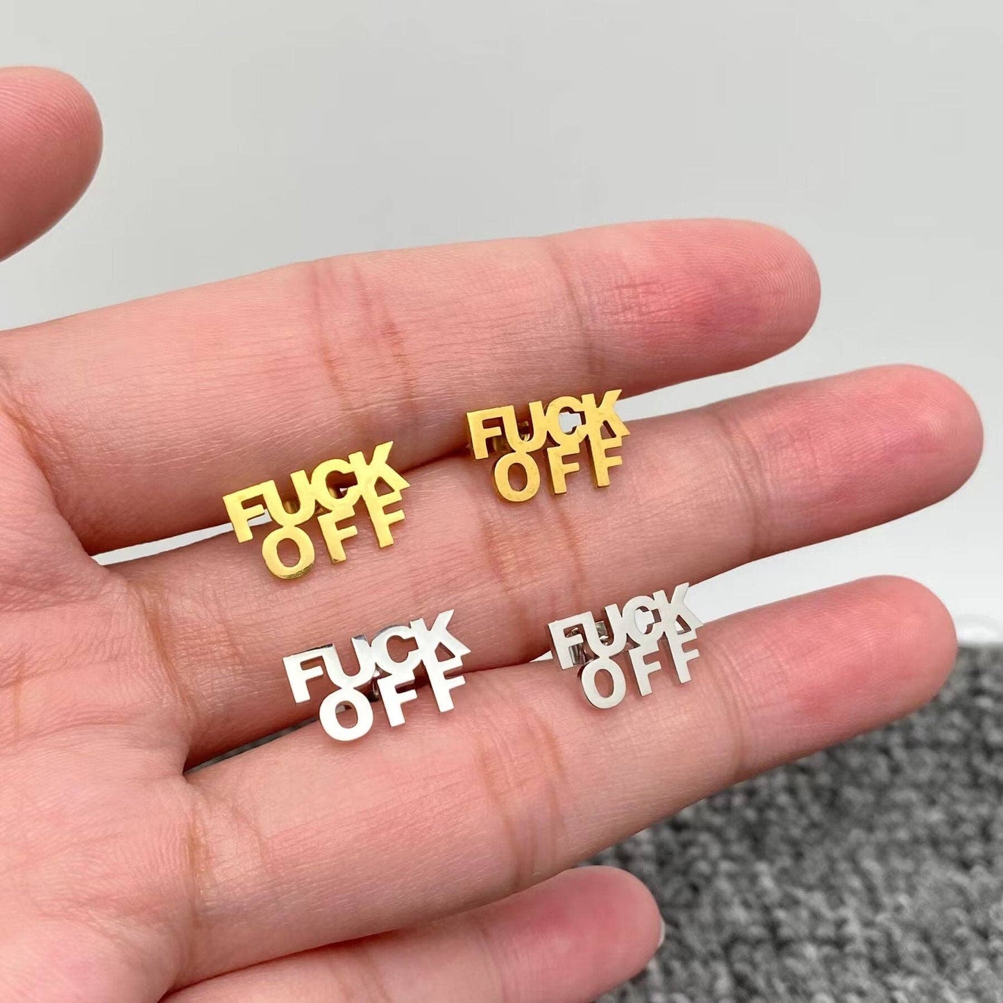 'FUCK OFF' Stainless Steel Ear Studs: Steel color