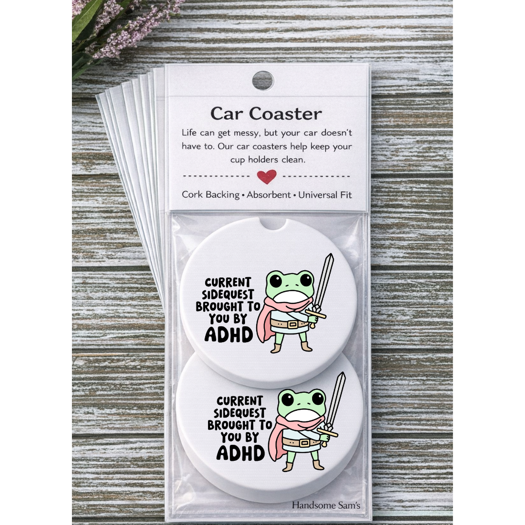 Side Quest Frog, Ceramic Car Coasters Pack of 2