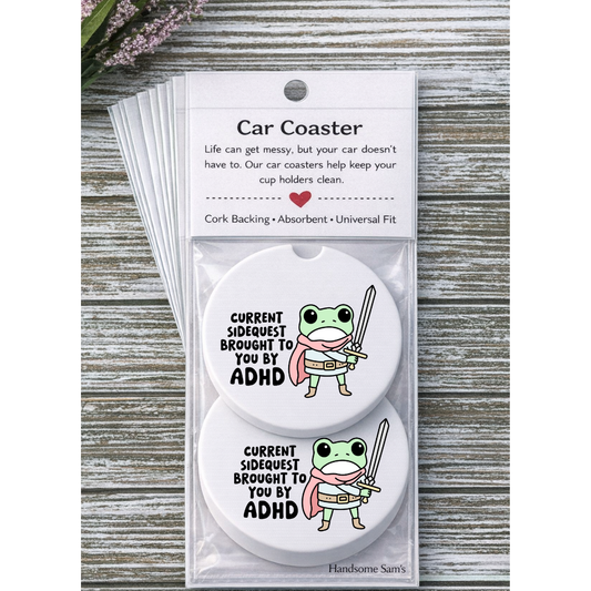 Side Quest Frog, Ceramic Car Coasters Pack of 2