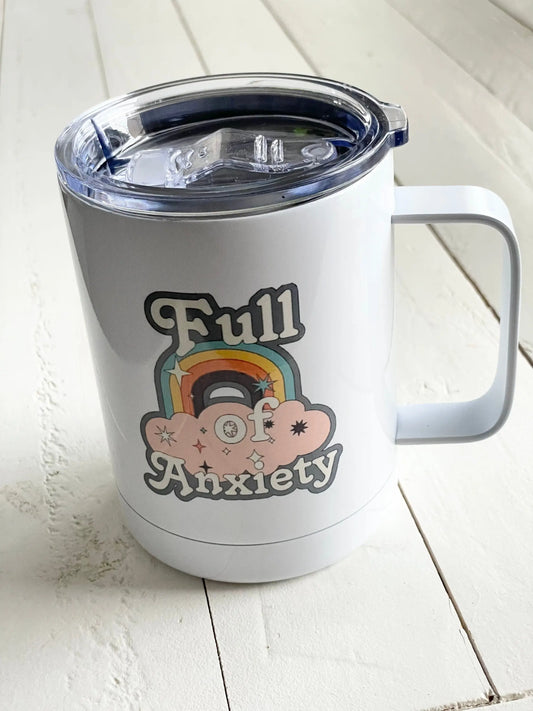 Full of Anxiety, 10oz Camp Style Insulated Mug with Handle & Leak Proof Lid Three Black Cats