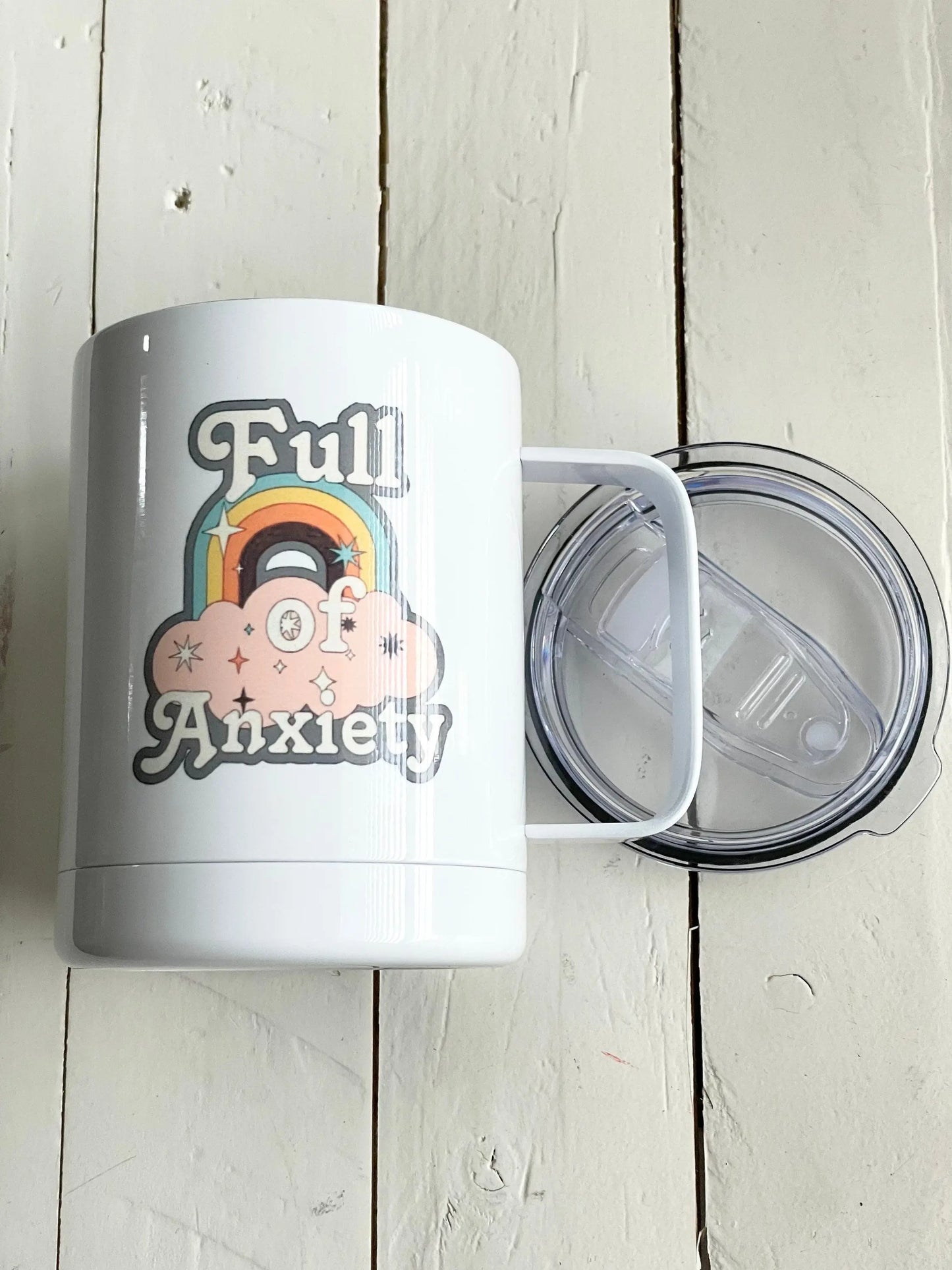 Full of Anxiety, 10oz Camp Style Insulated Mug with Handle & Leak Proof Lid Three Black Cats