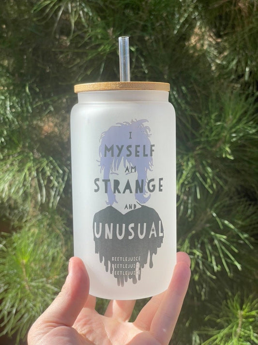 Beetlejuice, I myself am strange and unusual 16oz Frosted Glass Beer Can Tumbler with bamboo Lid and Plastic Straw