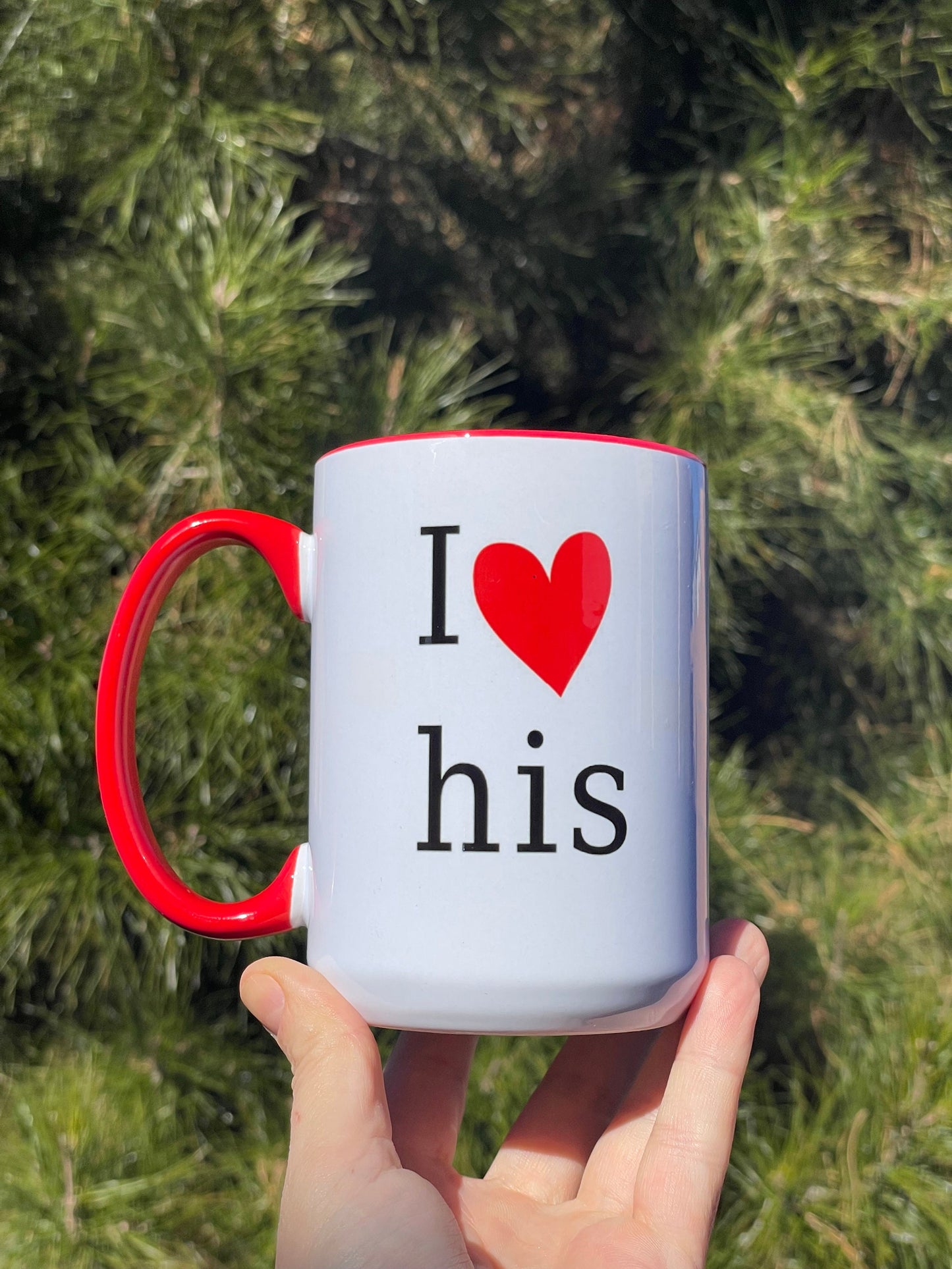 I heart his cock or I heart her pussy, Double sided Red inner & Handle 15oz dishwasher safe Coffee Mug